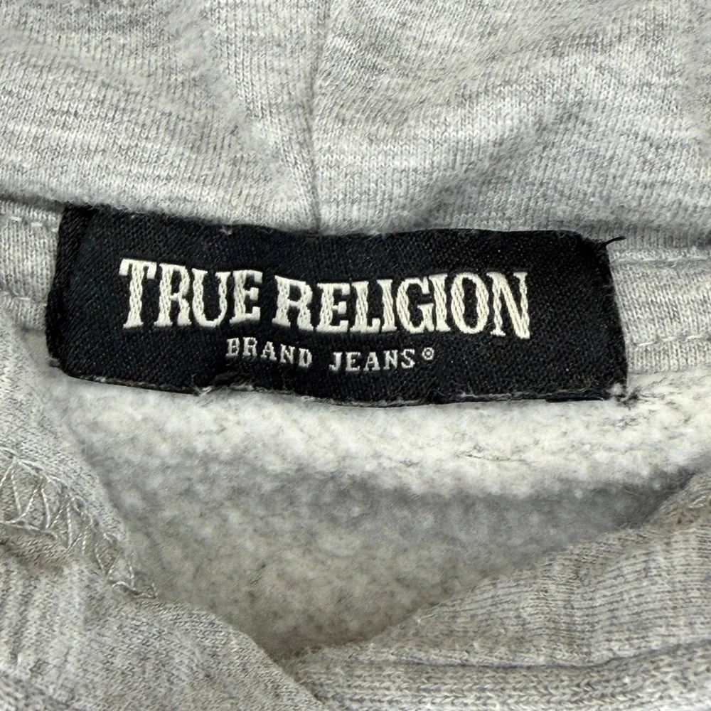 True Religion Hoodie Mens L Rect Two Tone Gray Buddha Graphic EUC
